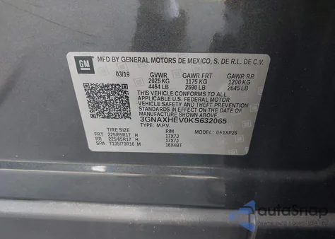 2019 Chevrolet Equinox Ls из США, поврежденный, VIN 3GNAXHEV0KS632065